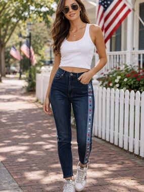 Sheryl Crow Star Skinny Jeans Sz 4 Americana Stripe Dark Wash Stretch